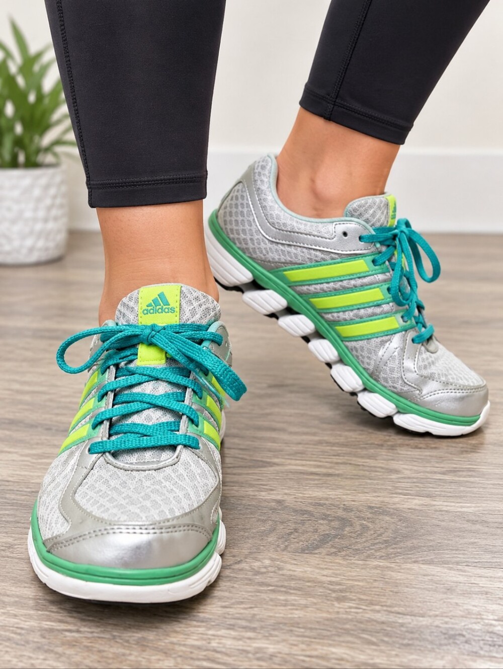 Adidas Silver Teal Lime Green Running Shoes Sneakers Women's 6.5 Athletic EUC